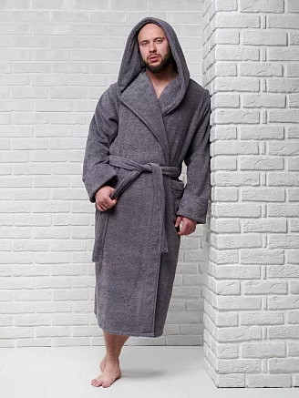 Мужской махровый халат PandaHug с капюшоном / темно-серый