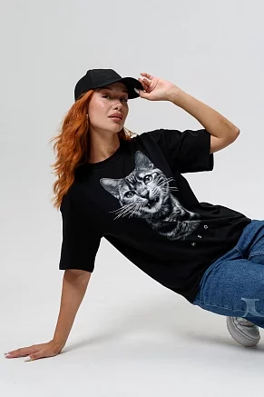 Женская футболка 8506/1 / кот+черный