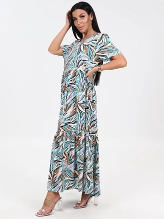 Женское платье макси ПлШ-455 / акварель бежевый-бирюза