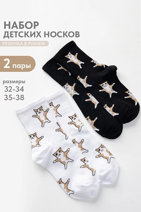 Детские носки стандарт Флексо - кот (набор 2 пары) / белый, черный