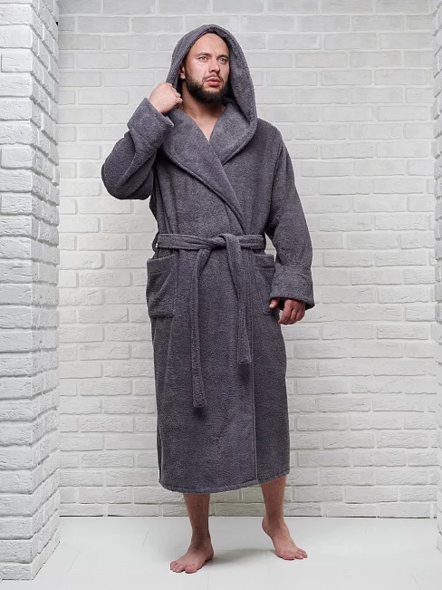 Мужской махровый халат PandaHug с капюшоном / темно-серый