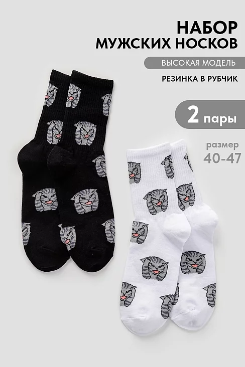 Мужские носки стандарт Драматик кот (набор 2 пары) / белый, черный