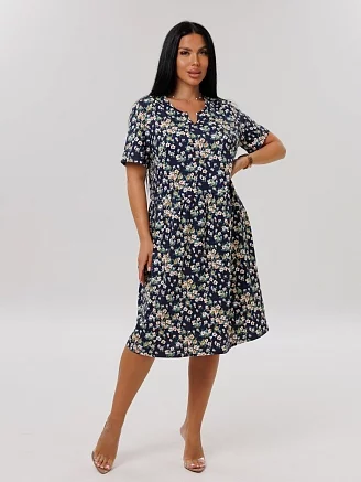 Женское платье Пл-121(К) / Темно-синий (белые цветы)