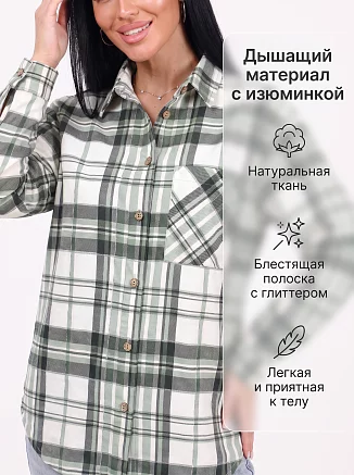 Женская рубашка на пуговицах РК-3114 / Клетка зеленая, глиттер