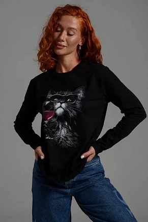 Женский лонгслив 8541 / черный+кот с красным