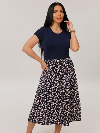 Женское платье Пл-88(Шт/вис) / Синий (розовые цветы)