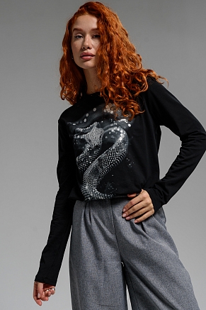 Женский лонгслив 8516 / черный+Змея стразы