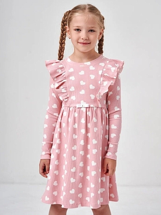 Детское платье "Бетти" длинный рукав / Розовый (сердечки)