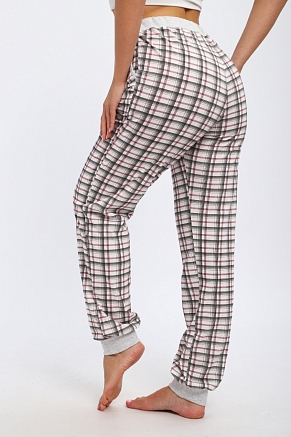 Брюки женские из кулирки на манжете / Клетка на белом