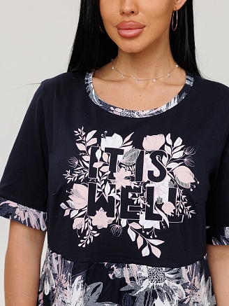 Женское платье Пл-167(К) / Черный (розовые цветы + надпись)