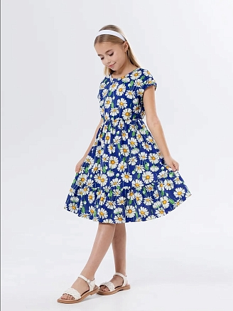 Детское платье "Ласточка" / Крупные ромашки на синем
