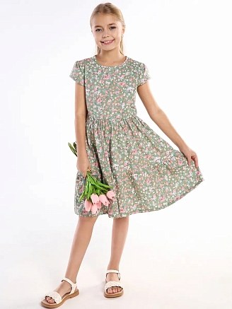 Детское платье "Карусель" / Нежные цветочки на зеленом
