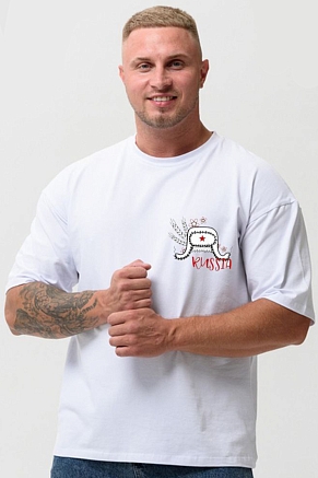 Мужская футболка 8579 оверсайз / белый+ушанка