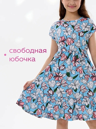 Детское платье "Ласточка" / Розовые тюльпаны на голубом