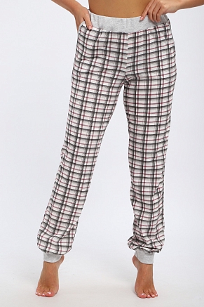 Брюки женские из кулирки на манжете / Клетка на белом