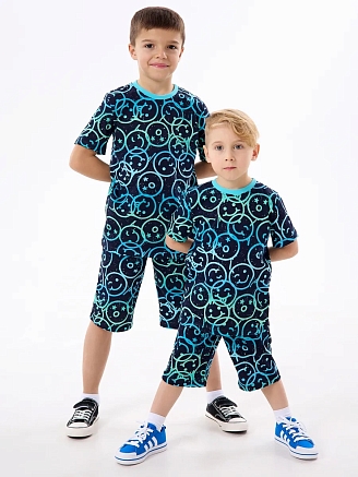 Детская пижама с шортами "Сорванец" / Смайлики на синем