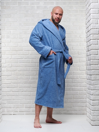 Мужской махровый халат PandaHug с капюшоном / лазурный