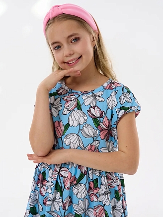 Детское платье "Ласточка" / Розовые тюльпаны на голубом
