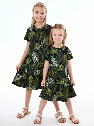 Детское платье "Лето" / Монстера на черном