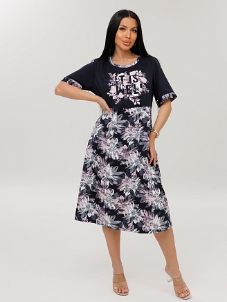 Женское платье Пл-167(К) / Черный (розовые цветы + надпись)