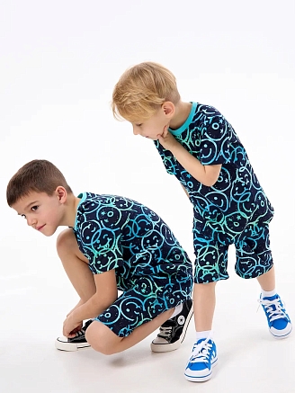 Детская пижама с шортами "Сорванец" / Смайлики на синем