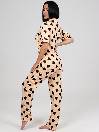 Женская пижама с брюками Леди КК-61 / Черные сердечки на персиковом