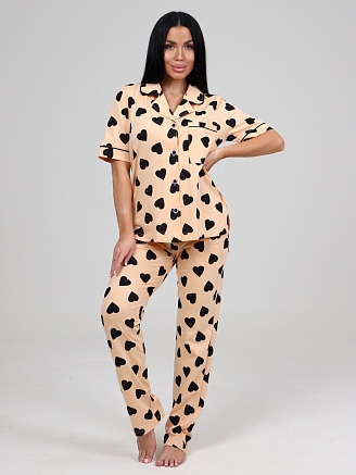 Женская пижама с брюками Леди КК-61 / Черные сердечки на персиковом