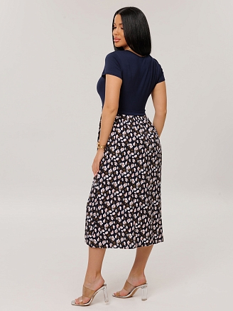 Женское платье Пл-88(Шт/вис) / Синий (розовые цветы)