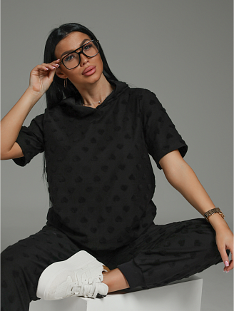 Женский костюм Суфле / Махра, черный сердечки