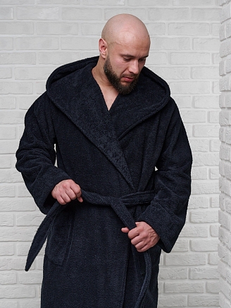 Мужской махровый халат PandaHug с капюшоном / черный