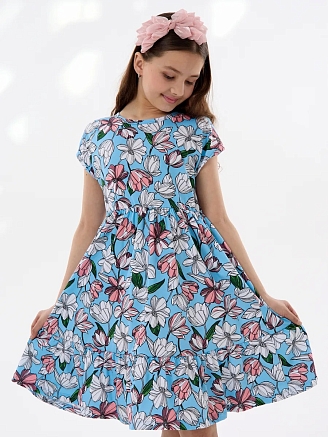 Детское платье "Ласточка" / Розовые тюльпаны на голубом
