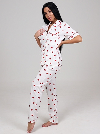 Женская пижама с брюками Леди КК-61 / Красные сердечки на белом