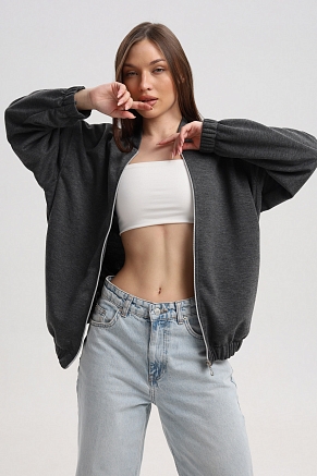 Женский бомбер из коттон фита / Антрацит меланж макси