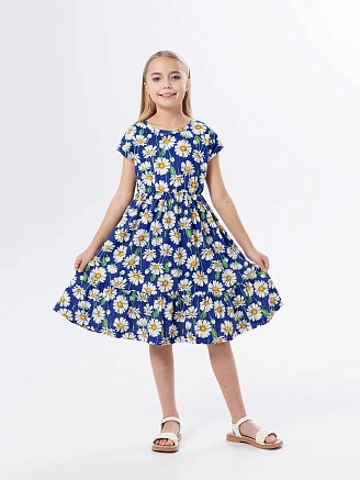 Детское платье "Ласточка" / Крупные ромашки на синем