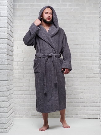 Мужской махровый халат PandaHug с капюшоном / темно-серый