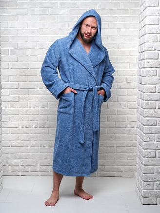 Мужской махровый халат PandaHug с капюшоном / лазурный