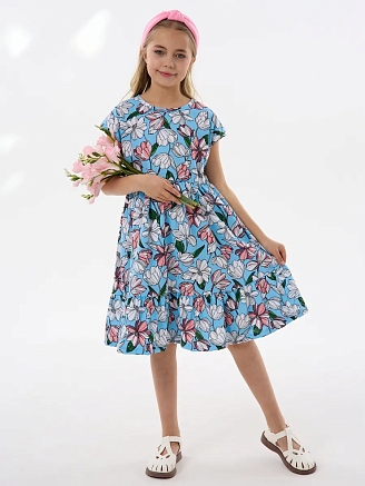 Детское платье "Ласточка" / Розовые тюльпаны на голубом