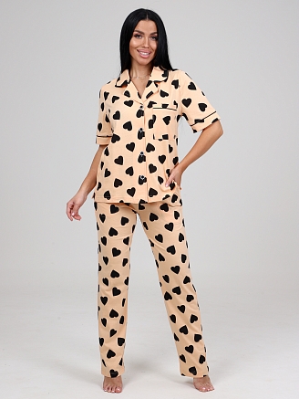 Женская пижама с брюками Леди КК-61 / Черные сердечки на персиковом