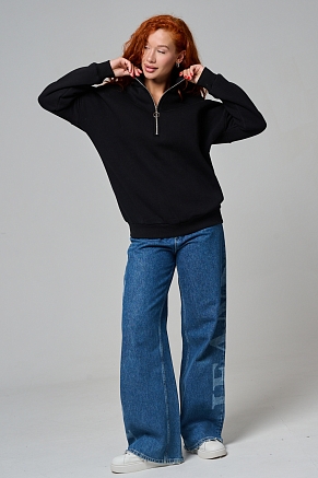 Женский свитшот на молнии оверсайз начес 14427 / черный