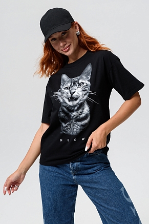 natali_Женская футболка 8506/1 / кот+черный