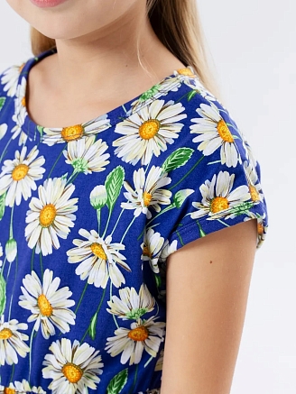 Детское платье "Ласточка" / Крупные ромашки на синем