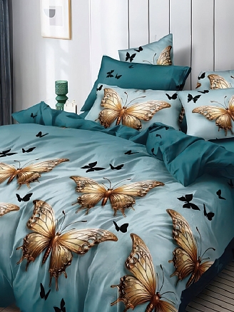 Постельное белье поплин Эксклюзив (молния) / Бабочки на бирюзовом