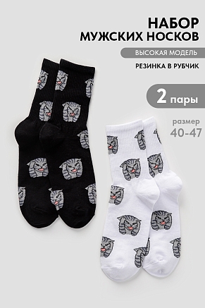 Мужские носки стандарт Драматик кот (набор 2 пары) / белый, черный