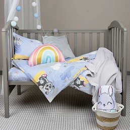 Детское постельное белье в кроватку бязь премиум / Панды синий