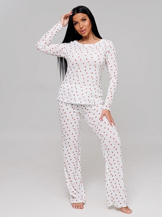 Женская пижама П-103(Риб) / Молочный (красные цветы)