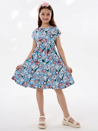 Детское платье "Ласточка" / Розовые тюльпаны на голубом