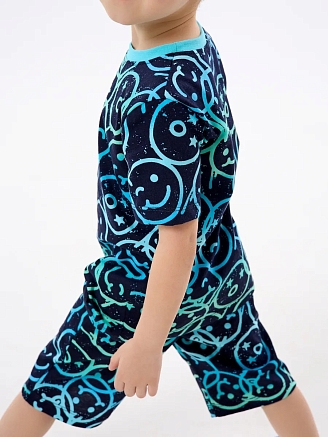 Детская пижама с шортами "Сорванец" / Смайлики на синем