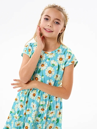 Детское платье "Ласточка" / Крупные ромашки на бирюзе