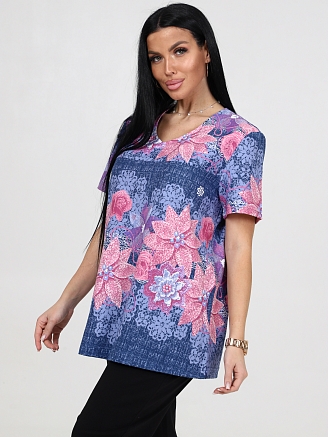 Женская туника БЛЮЗ ТК-72-ФУТ / Цветы на джинсе, кружево