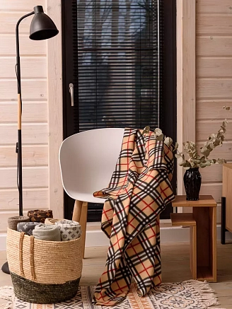 Плед флисовый арт. ПФ130 / Бежевый (клетка)